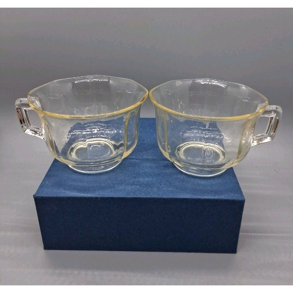 Set 2 Molly Depression Glass Cups Teacups Light Yellow Topaz Art Deco Line #725